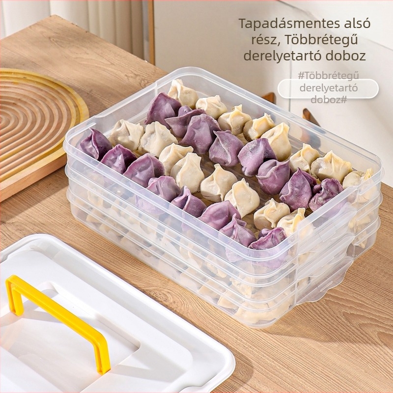 Dumpling doboz – többrétegű hűtőben tárolható, szagtalan zárófedele, wonton doboz, háztartási, több rétegű fagyasztó doboz, PP anyag, minimalist design