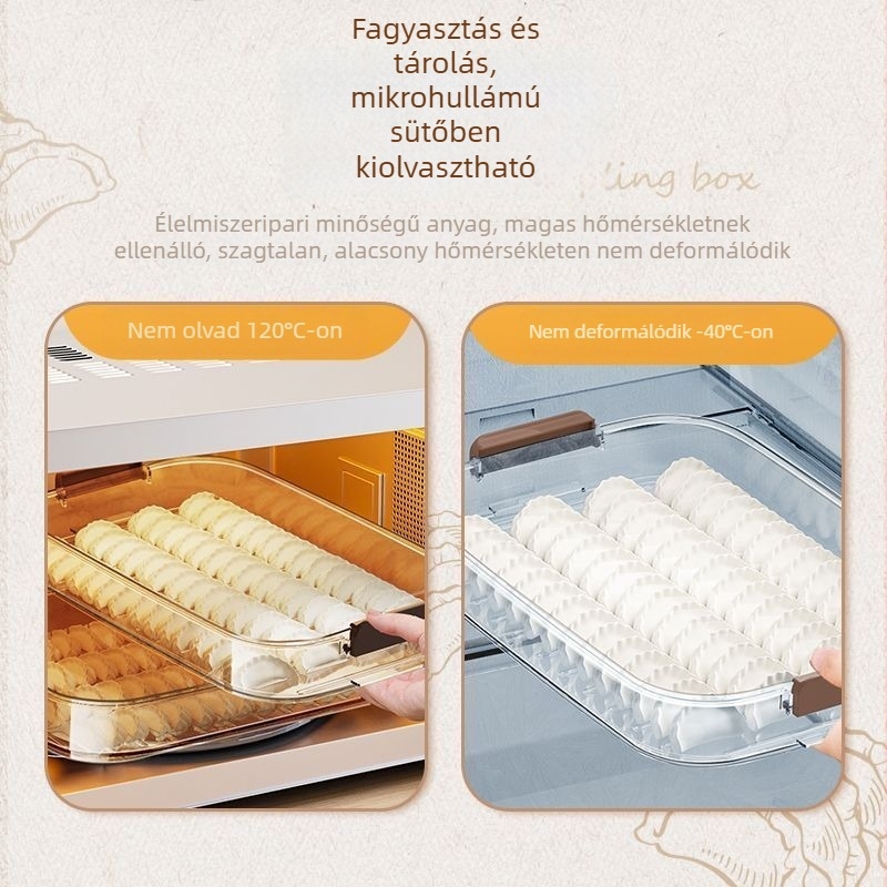 Élelmiszer-minőségű dumplings és wonton tároló doboz zárható, hűtő- és fagyasztóbarát, nagy kapacitású tojás-doboz