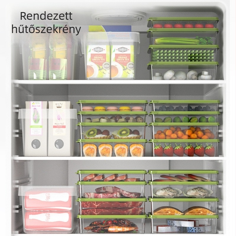 Hűtőszekrény tároló doboz, rakható, zárható, megőrzi a frissességet, PET anyag