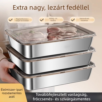 Rozsdamentes acél téglalap alakú tárolóedény fedővel, 800–1000 ml, hűtőszekrényhez