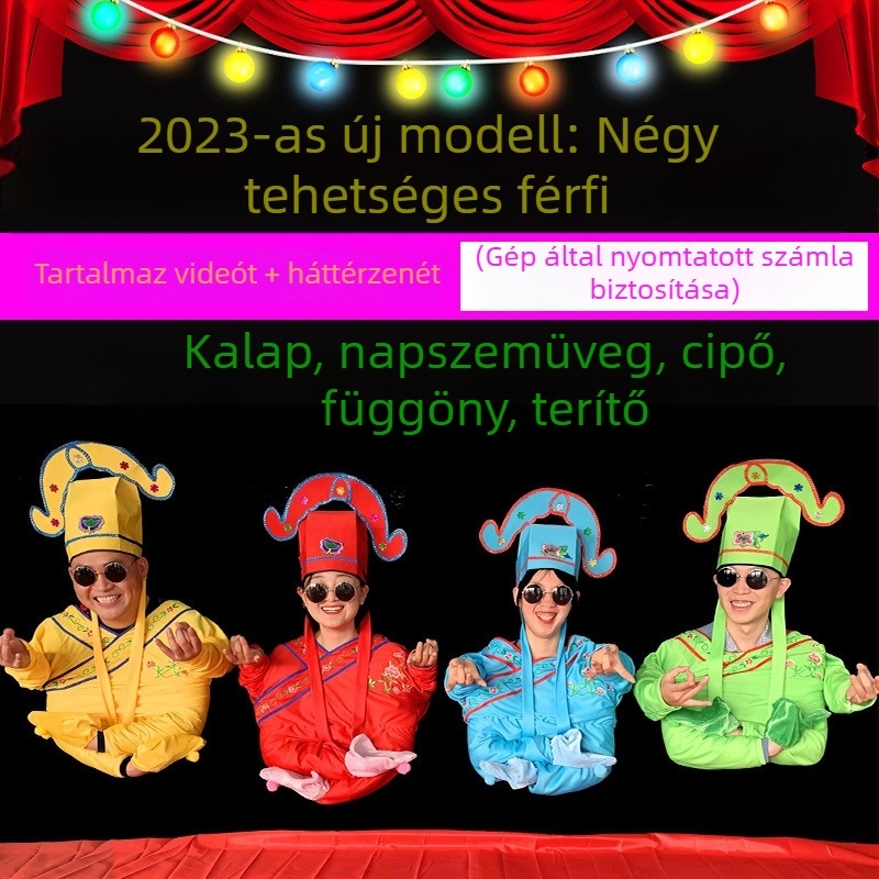 Négy tehetséges táncos számára készült rekvizit- és jelmezkészlet színpadi előadásokhoz, ideális újévi műsorokhoz.
