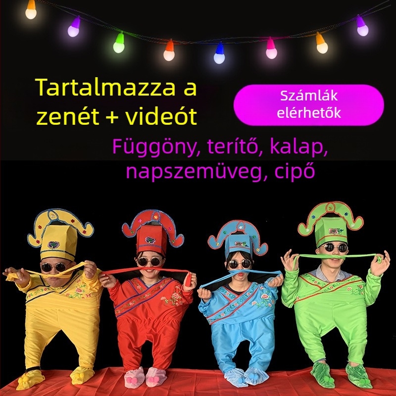 Négy tehetséges táncos számára készült rekvizit- és jelmezkészlet színpadi előadásokhoz, ideális újévi műsorokhoz.
