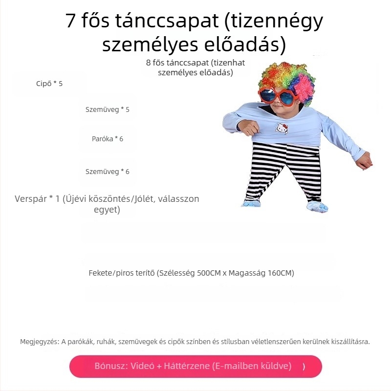 Négy tehetséges táncos számára készült rekvizit- és jelmezkészlet színpadi előadásokhoz, ideális újévi műsorokhoz.