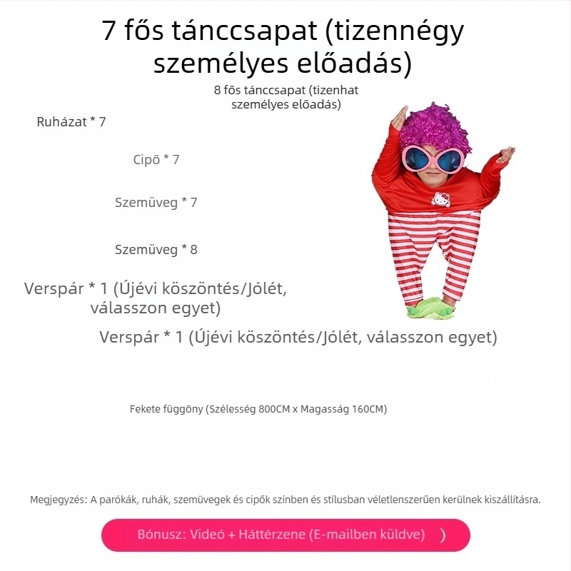 Négy tehetséges táncos számára készült rekvizit- és jelmezkészlet színpadi előadásokhoz, ideális újévi műsorokhoz.