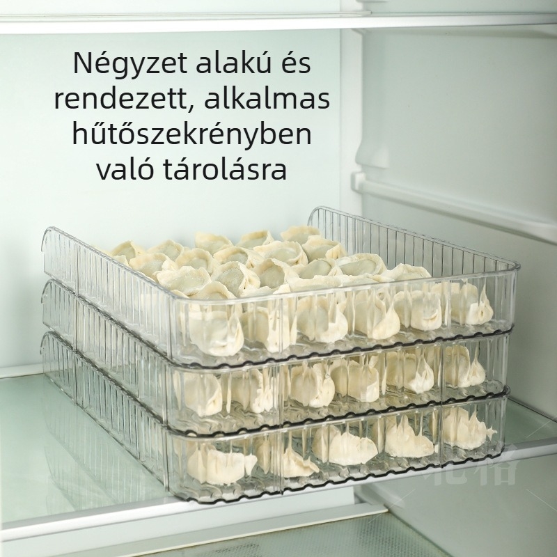 Négyzet alakú gombóc tároló tál fedéllel, tapadásmentes felület, nagy kapacitás, egymásra rakható