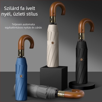 Szilárd fából készült görbített fogantyúval rendelkező összecsukható esernyő, automatikus nyitás-zárás, 10 merevító, 210T anyagú vászon, logó nyomtatás lehetséges