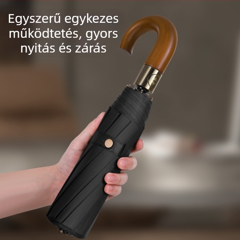 Szilárd fából készült görbített fogantyúval rendelkező összecsukható esernyő, automatikus nyitás-zárás, 10 merevító, 210T anyagú vászon, logó nyomtatás lehetséges