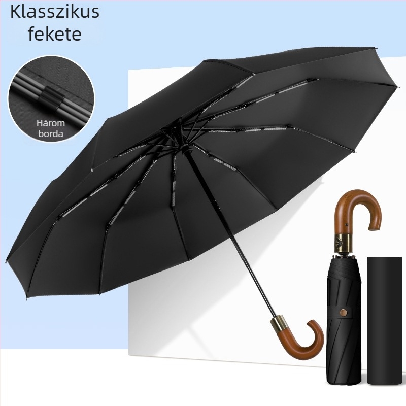 Szilárd fából készült görbített fogantyúval rendelkező összecsukható esernyő, automatikus nyitás-zárás, 10 merevító, 210T anyagú vászon, logó nyomtatás lehetséges