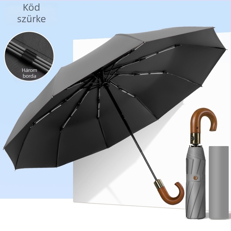Szilárd fából készült görbített fogantyúval rendelkező összecsukható esernyő, automatikus nyitás-zárás, 10 merevító, 210T anyagú vászon, logó nyomtatás lehetséges