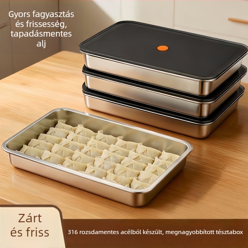 304 élelmiszer-minőségű rozsdamentes acél tárolóedény, többrétegű gyoza/dumpling és fagyasztó doboz, hűtőszekrényben történő tároláshoz