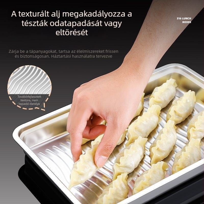 304 élelmiszer-minőségű rozsdamentes acél tárolóedény, többrétegű gyoza/dumpling és fagyasztó doboz, hűtőszekrényben történő tároláshoz