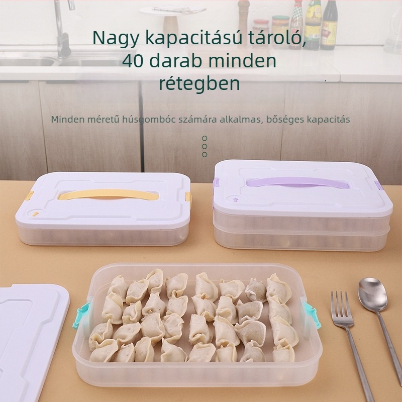 Dumplings tároló doboz, többrétegű, élelmiszer-minőségű műanyagból, fagyasztó és hűtő kompatibilis, modern minimalista dizájn