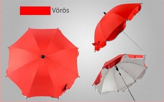 Babakocsi napellenző esernyő: 8 bordás acél váz, UPF 50+ UV védelem, kézi nyitás/zárás, hosszú fogantyú, 210T anyag, ezüstös bevonattal