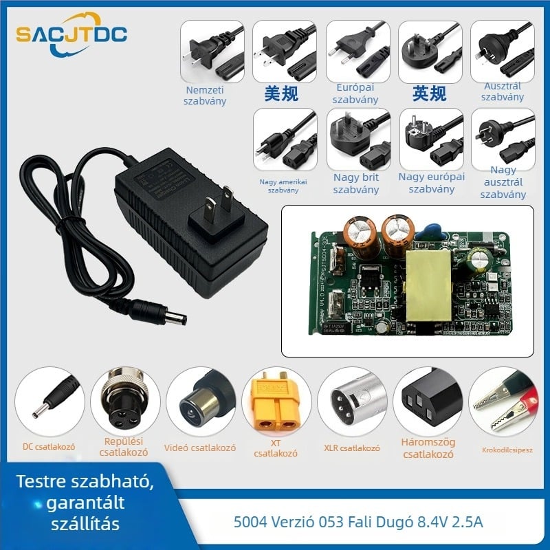 8.4V Li-ion akkumulátor töltő, 1 rekesz, bemenet 100–240V, kimenet 8.4V, töltési áramok 1A/3A/4A/5A/10A