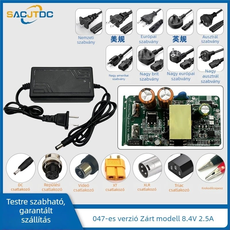 8.4V Li-ion akkumulátor töltő, 1 rekesz, bemenet 100–240V, kimenet 8.4V, töltési áramok 1A/3A/4A/5A/10A