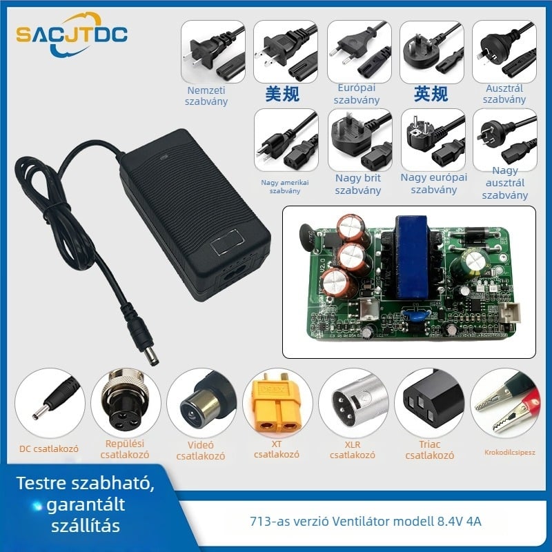 8.4V Li-ion akkumulátor töltő, 1 rekesz, bemenet 100–240V, kimenet 8.4V, töltési áramok 1A/3A/4A/5A/10A