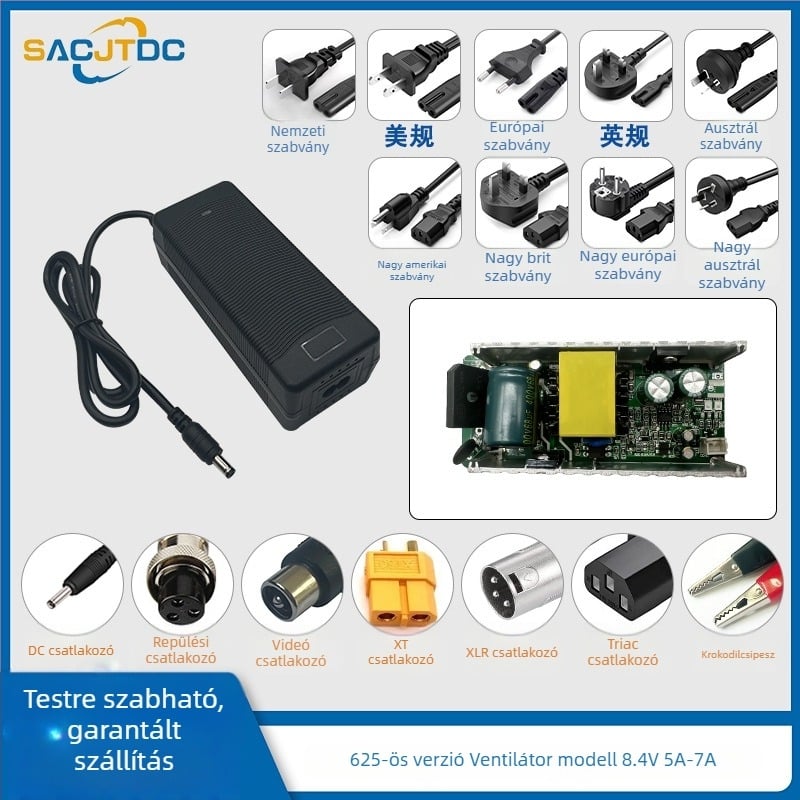 8.4V Li-ion akkumulátor töltő, 1 rekesz, bemenet 100–240V, kimenet 8.4V, töltési áramok 1A/3A/4A/5A/10A