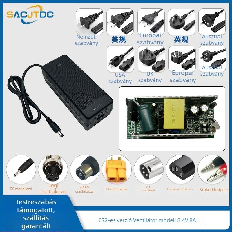 8.4V Li-ion akkumulátor töltő, 1 rekesz, bemenet 100–240V, kimenet 8.4V, töltési áramok 1A/3A/4A/5A/10A