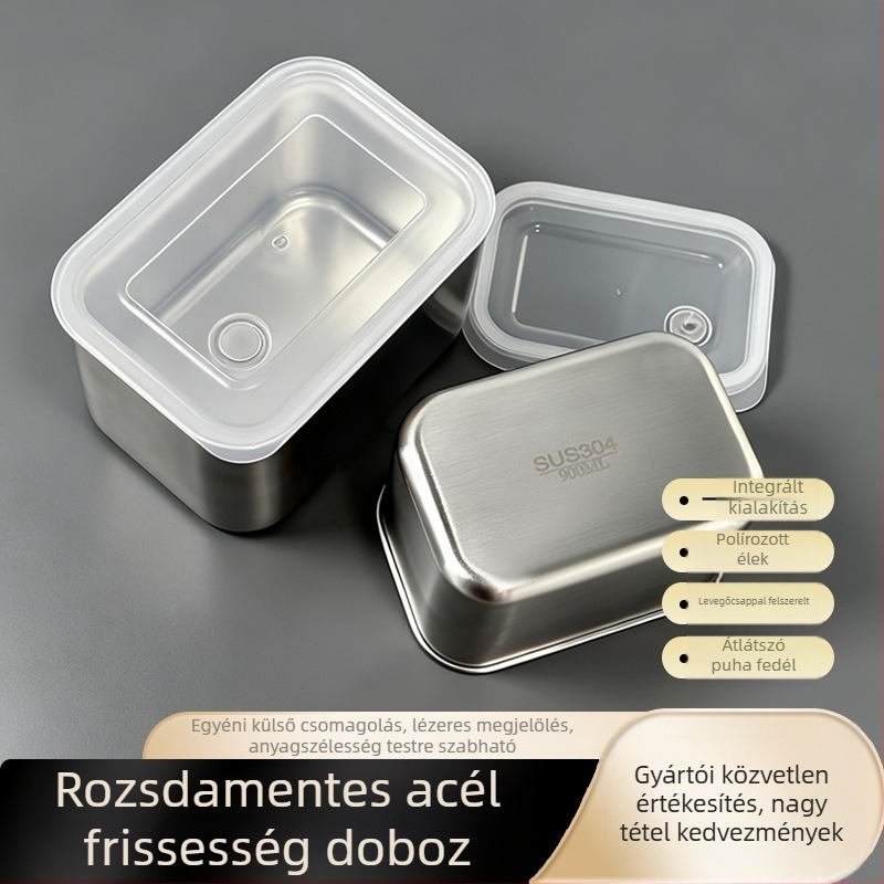 Ételhordó doboz (304 rozsdamentes acél, négyszögletes, fedéllel, 1–2 L kapacitás, egyrétegű)