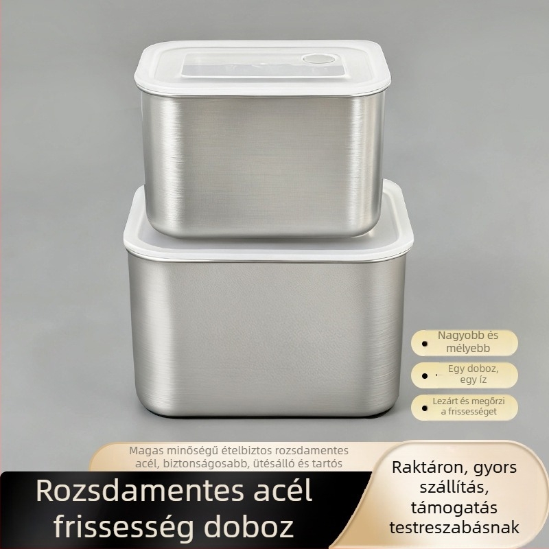 Ételhordó doboz (304 rozsdamentes acél, négyszögletes, fedéllel, 1–2 L kapacitás, egyrétegű)