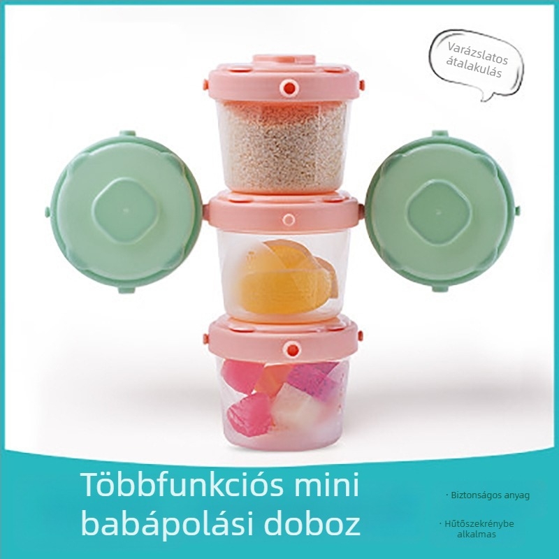Összecsukható, multifunkcionális, zárható, hordozható snacktároló doboz bébi tejporhoz és bébiételekhez