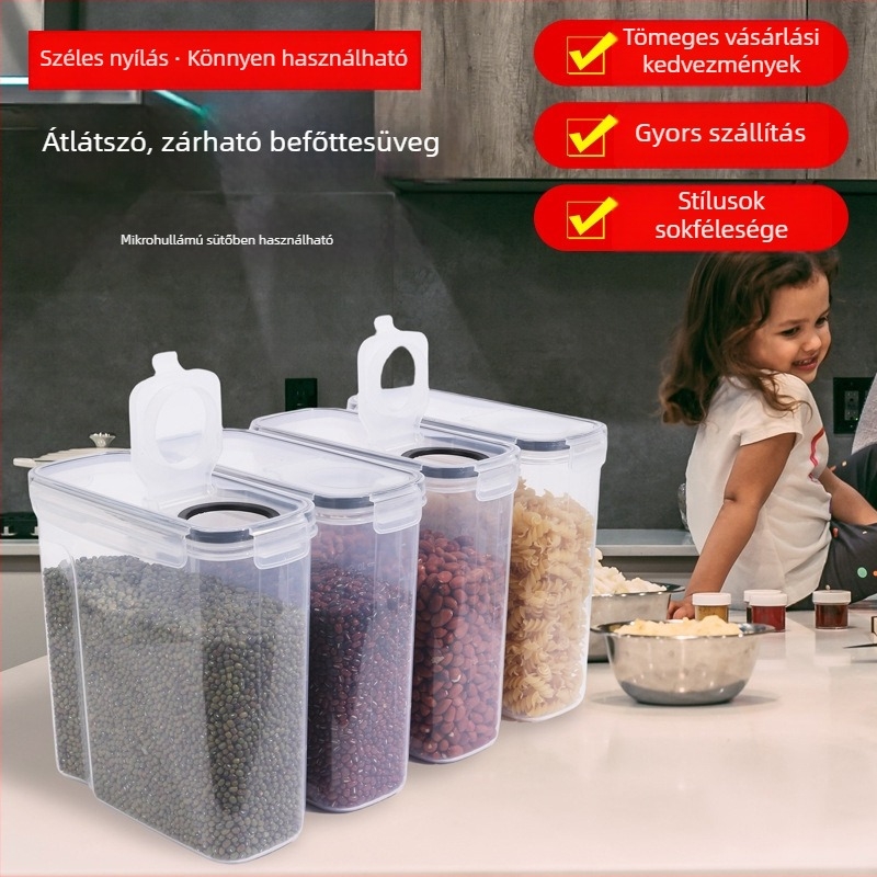 4 darabos átlátszó műanyag élelmiszertároló készlet, 2.5 L, zárható fedéllel, nedvességálló