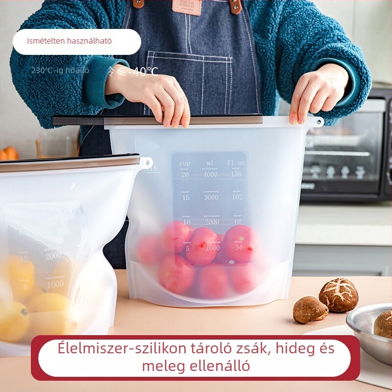 Szilikon tároló tasak konyhai használatra – élelmiszer-minőség, magas hőmérséklet-tűrés, zárható, újrahasználható tasak gyümölcsök és zöldségek számára, logó nyomtatás és testreszabás