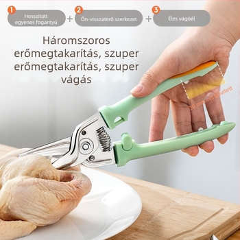 Rozsdamentes acél konyhai olló csontvágó pengékkel; többfunkciós konyhai eszköz halhoz, zöldségekhez, sült húsokhoz és baromfihoz, beépített tárolóval.