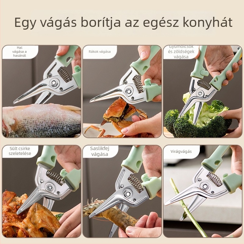 Rozsdamentes acél konyhai olló csontvágó pengékkel; többfunkciós konyhai eszköz halhoz, zöldségekhez, sült húsokhoz és baromfihoz, beépített tárolóval.