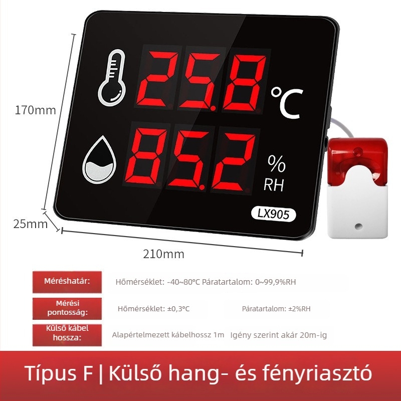 Ipari szintű, nagy pontosságú hőmérséklet- és páratartalom-regisztrátor beltéri gyárhasználatra; hálózati táplálás; magáncímkével kompatibilis