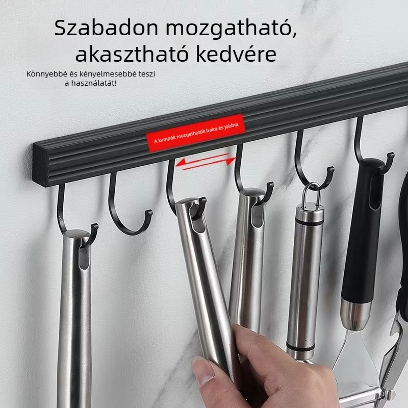 Áthelyezhető falra szerelhető konyhai kampó és tároló, fúrás nélkül; anyag: alumínium, felület: sütőfesték, tömeg: 1, modern minimalista stílus.