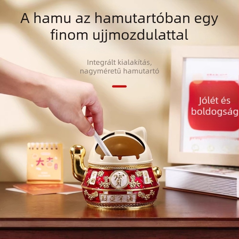 Kreatív és stílusos hamutál fedővel, megakadályozza a hamu szóródását, nagy méretű, otthonra, nappaliba vagy irodába, szerencsehozó macska dizájnnal.
