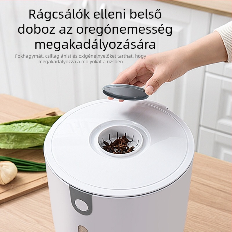 Rizstároló doboz zárható fedővel, nedvesség- és rovarálló, PET műanyag, kapacitás több mint 10 L