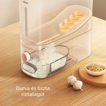 Rizstároló tartály, nedvesség- és kártevő elleni záró mechanizmussal, forgó fedél, 9-10 L kapacitás, szilikon és ABS anyagból, modern minimalist design