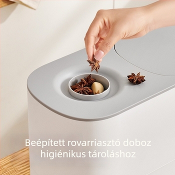 Rizstároló tartály, nedvesség- és kártevő elleni záró mechanizmussal, forgó fedél, 9-10 L kapacitás, szilikon és ABS anyagból, modern minimalist design