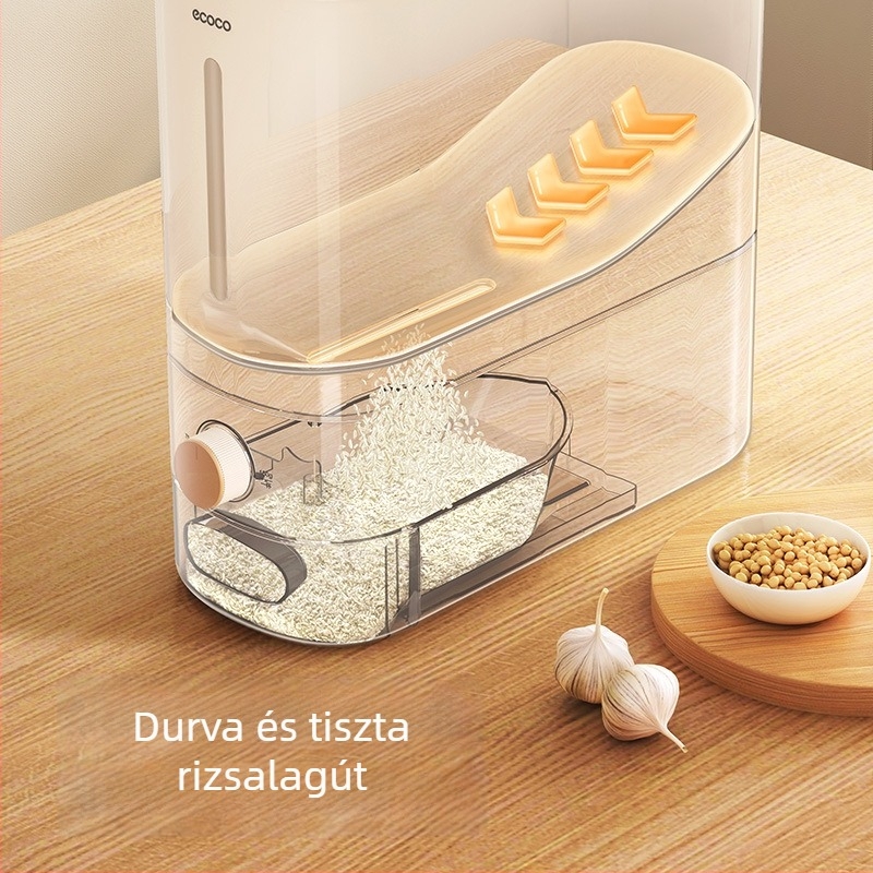 Rizstároló tartály, nedvesség- és kártevő elleni záró mechanizmussal, forgó fedél, 9-10 L kapacitás, szilikon és ABS anyagból, modern minimalist design
