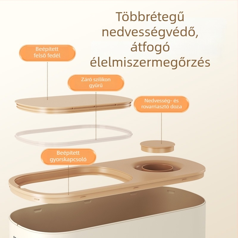 Rizstároló tartály, nedvesség- és kártevő elleni záró mechanizmussal, forgó fedél, 9-10 L kapacitás, szilikon és ABS anyagból, modern minimalist design