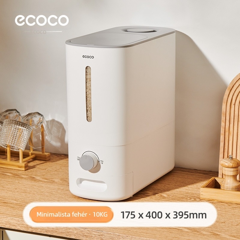 Rizstároló tartály, nedvesség- és kártevő elleni záró mechanizmussal, forgó fedél, 9-10 L kapacitás, szilikon és ABS anyagból, modern minimalist design