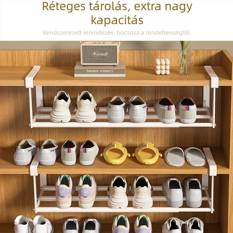 Kibővíthető cipősszekrény, egy polcos rendszer, karbonacél váz, kampó típusú felszerelés, fúrás nélkül, egyszerű és modern stílus, konyha, hálószoba és fürdőszoba tárolásához.