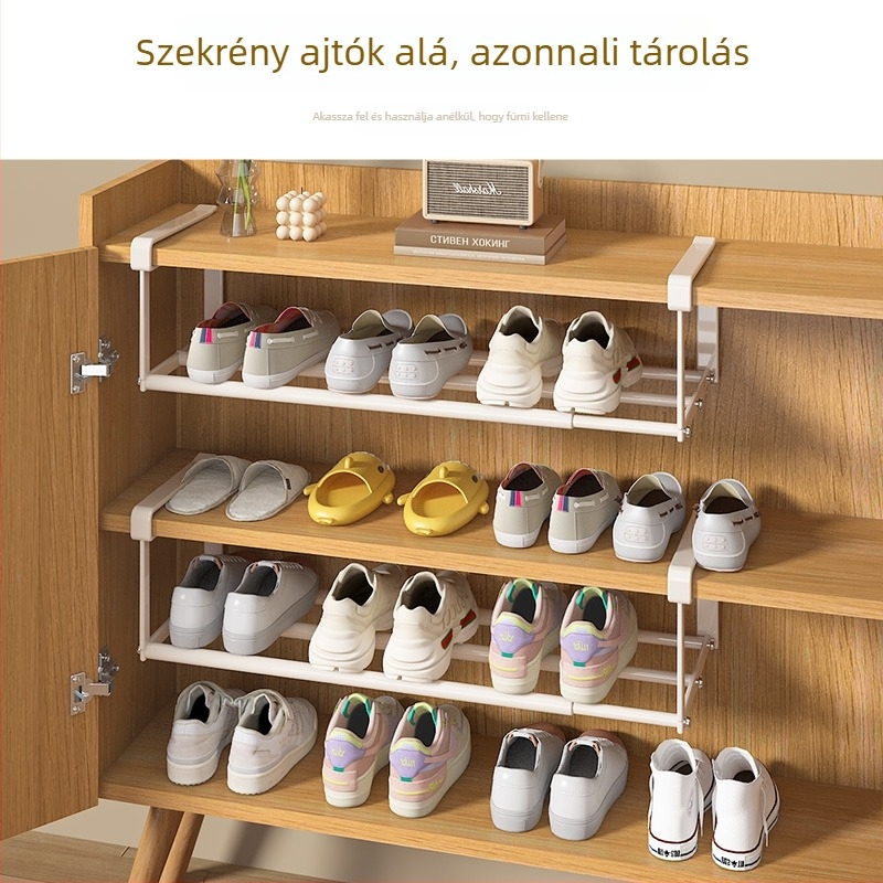 Kibővíthető cipősszekrény, egy polcos rendszer, karbonacél váz, kampó típusú felszerelés, fúrás nélkül, egyszerű és modern stílus, konyha, hálószoba és fürdőszoba tárolásához.