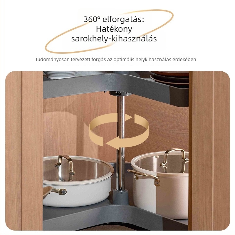 Konyhai sarokba helyezhető forgó tároló edényekhez, dupla műanyag forgókosár 270°-os fordulattal