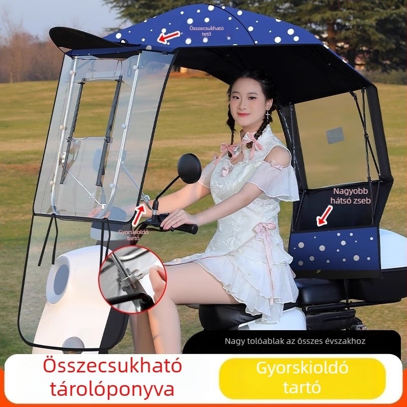 Elektromos jármű napsugárvédő napernyő, 7‑karos rostváz, 170T poliészter anyag, teleszkópos, manuális nyitás-zárás, UV UPF 40+, vízálló