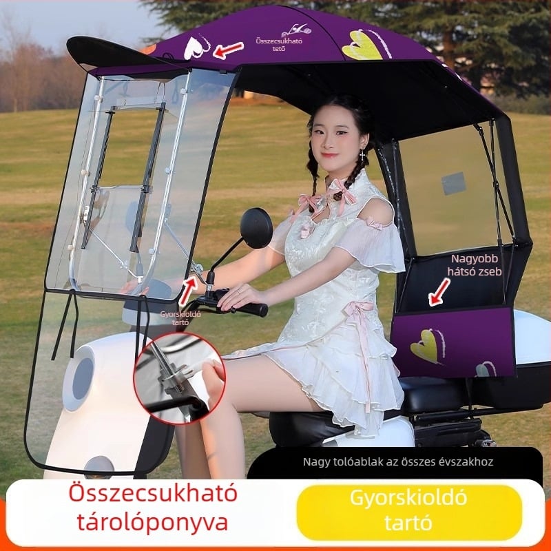 Elektromos jármű napsugárvédő napernyő, 7‑karos rostváz, 170T poliészter anyag, teleszkópos, manuális nyitás-zárás, UV UPF 40+, vízálló
