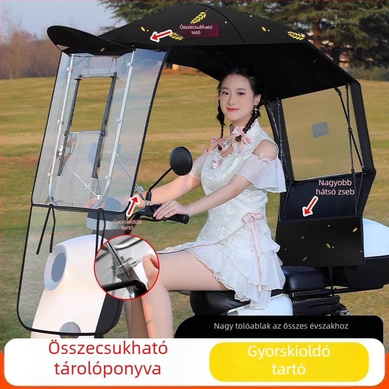 Elektromos jármű napsugárvédő napernyő, 7‑karos rostváz, 170T poliészter anyag, teleszkópos, manuális nyitás-zárás, UV UPF 40+, vízálló