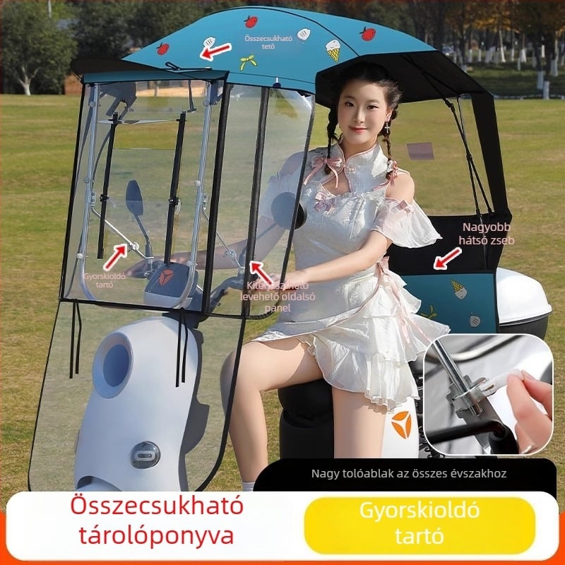 Elektromos jármű napsugárvédő napernyő, 7‑karos rostváz, 170T poliészter anyag, teleszkópos, manuális nyitás-zárás, UV UPF 40+, vízálló