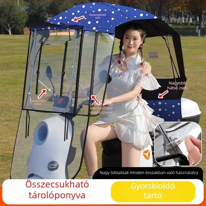 Elektromos jármű napsugárvédő napernyő, 7‑karos rostváz, 170T poliészter anyag, teleszkópos, manuális nyitás-zárás, UV UPF 40+, vízálló