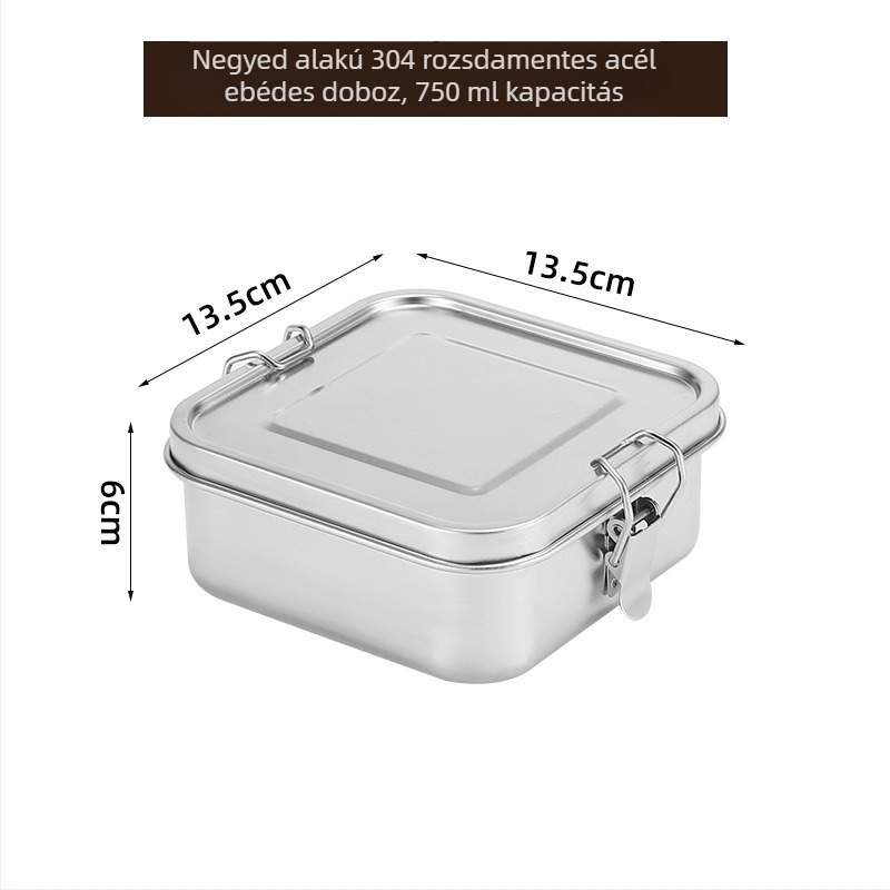Uzsonnás doboz – négyzet alakú, 304 rozsdamentes acél, 501–800 ml, újrahasználható