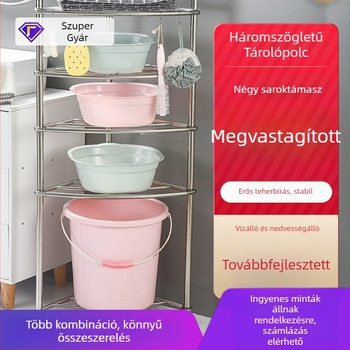 Rozsdamentes acél padlón álló fürdőszobai sarokpolc, háromlábú kivitel, 4 polc