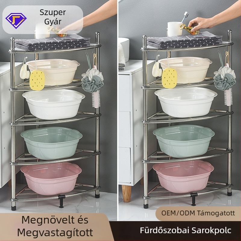 Rozsdamentes acél padlón álló fürdőszobai sarokpolc, háromlábú kivitel, 4 polc