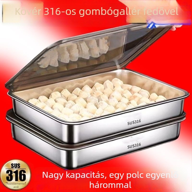 Rozsdamentes acél gyoza tálca – élelmiszer-minőségű, tárolás és frissesség megőrzése, négyzet alakú, modell kF4FPTMM